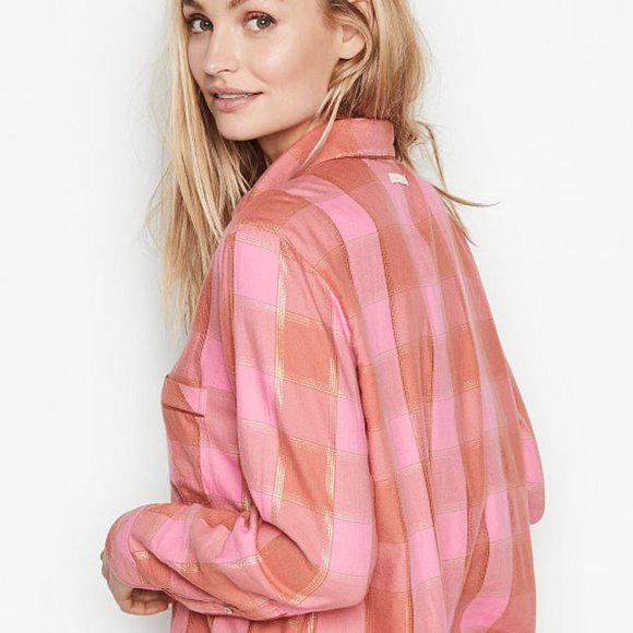 VICTORIA'S SECRET XS Flannel Top Plaid Pink w/ Gold Metallic NWT - Picture 8 of 16